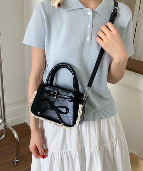 ショルダーバッグ 小さめ フェイクレザー ハンドバッグ スクエア 2way 肩掛けバッグ リボンデザイン 大人かわいい手提げ鞄 レース 斜め掛けカバン フェミニン 77YUEL-002